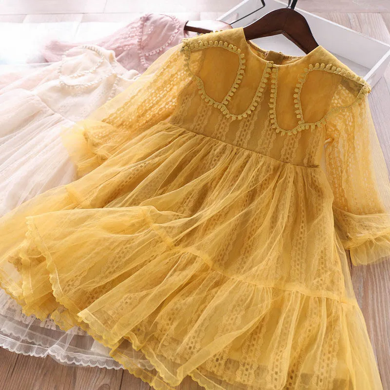 

Babe Cute Girls Lace Tulle Princess Ruffles Dresses Yellow Pink Beige Color Spring Summer New Ruffles Ins Clothes