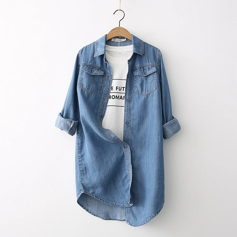 Осень 2021новинка джинсовые женские рубашки свободные длинные однотонные джинсы