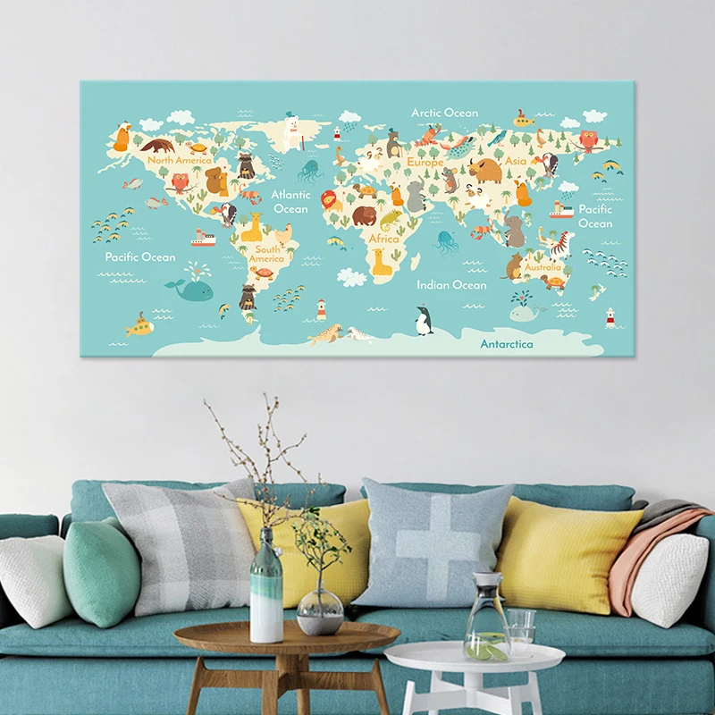 Карта мира с животными плакаты и принты на холсте декоративные картины домашняя