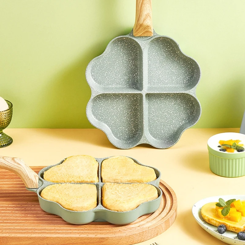 

New Aluminum Alloy Non-stick Pan with Wooden Handle 4 Grid Frying Pan Household Omelette Artifact Kitchen Accessories