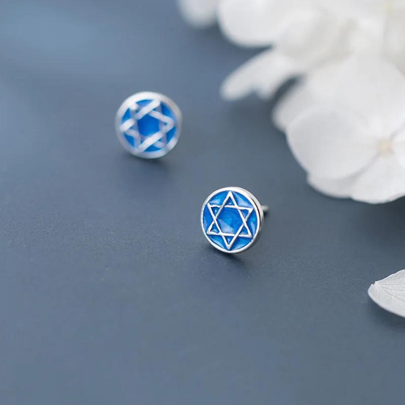 Женские серьги гвоздики с синими гексаграммами Trustdavis серебро 925 пробы модные