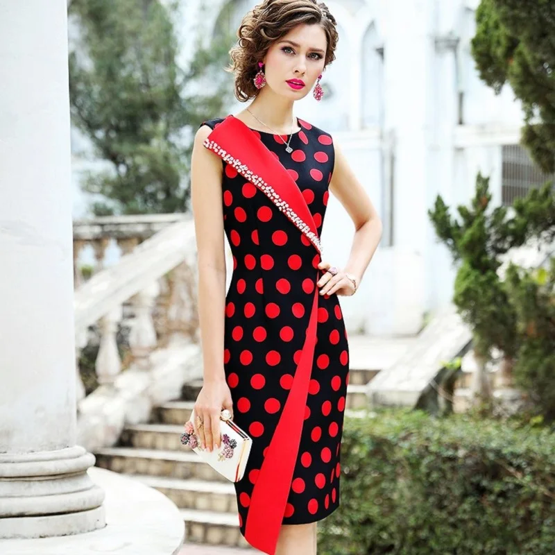 Женское винтажное платье в горошек Повседневное без рукавов с бисером для офиса