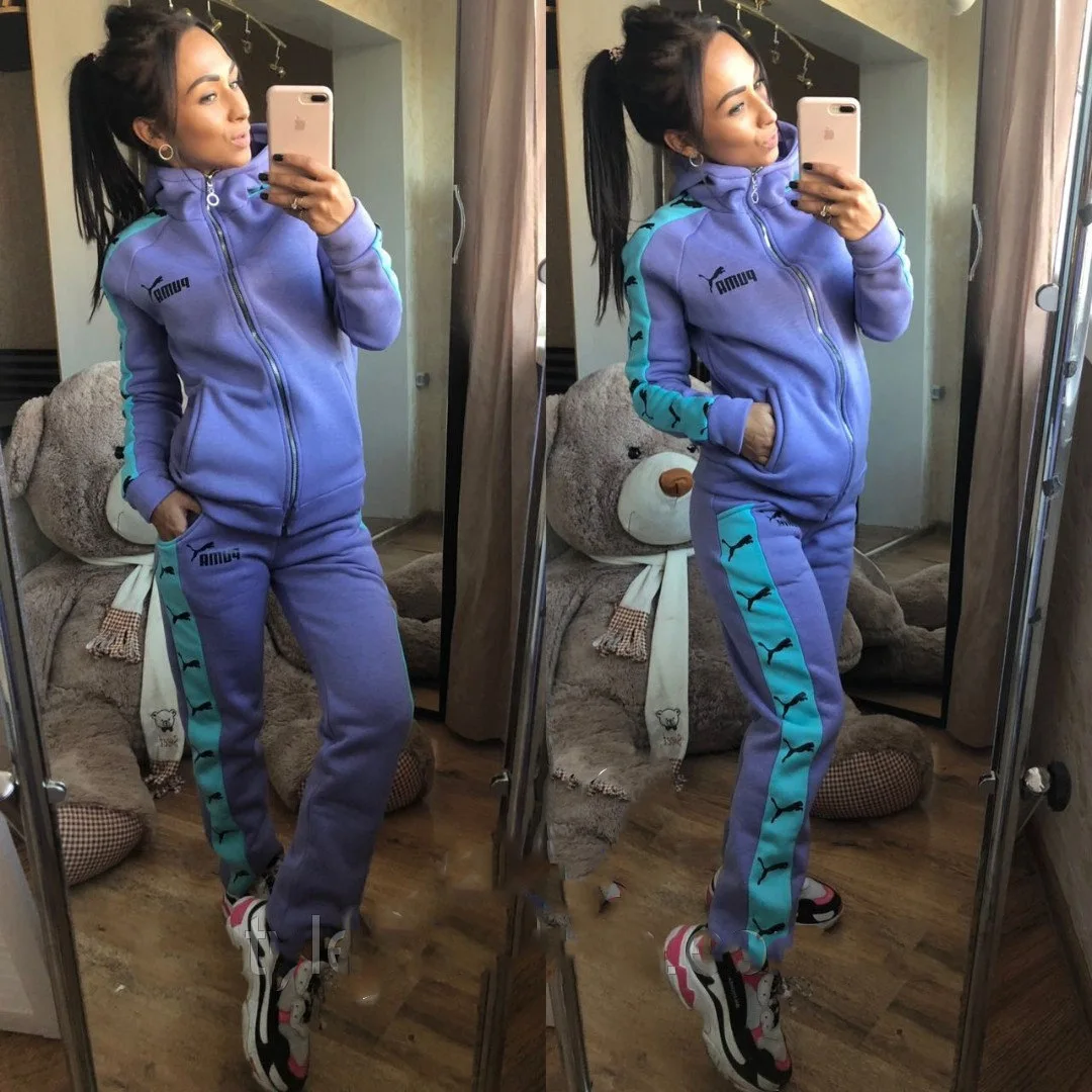 

Fashion Women's Suit Spring New Casual Hooded Collar Zipper Solid Color Printing Regular Trousers Two-piece Suit Full Donsignet