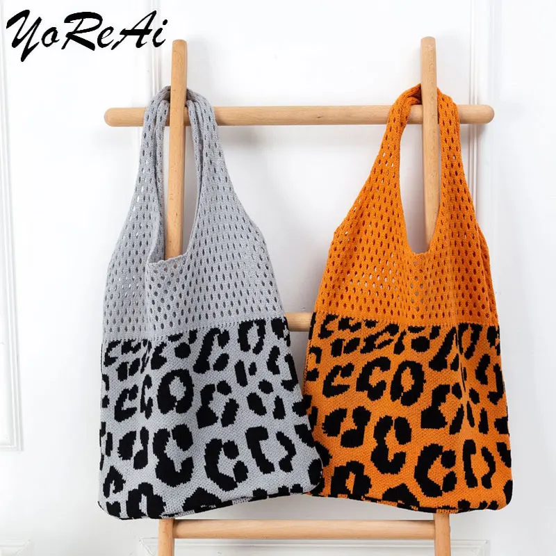 

YoReAi Knitting Women Handbag Woolen Knitted Shopping Bag Winter Leopard Tiger Pattern Shopper New Foldable Totes Shoulder Bags