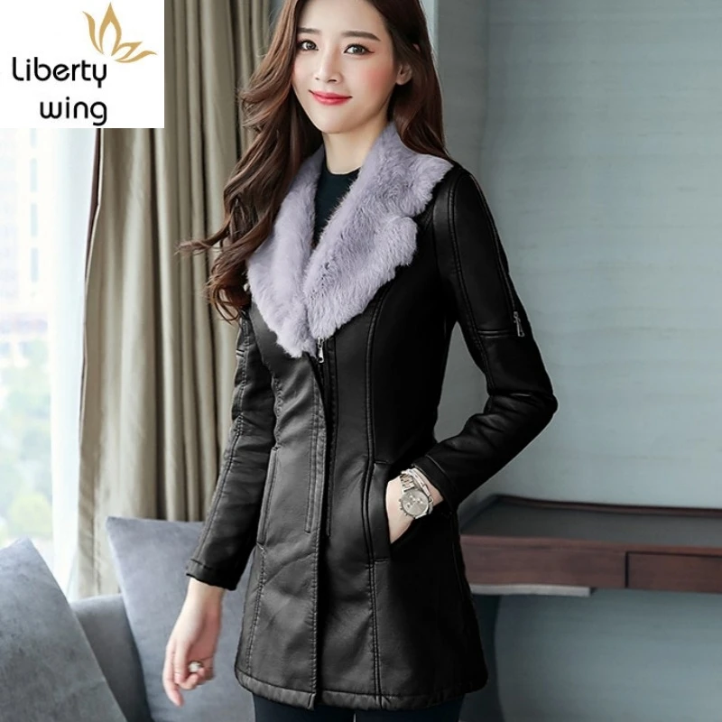 Fashion Fur Collar Slim Faux New Winter Thick Warm Jacket Women PU Leather Coat Korean Female Overcoat Parkas | Женская одежда