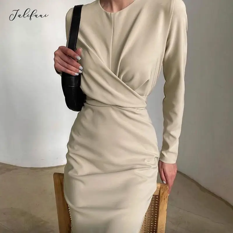

Elegant Women Solid Evening Dress Fashion 2021 Autumn O Neck Long Sleeve Slim Draped Knee-Length Casual Office Lady Dresses New