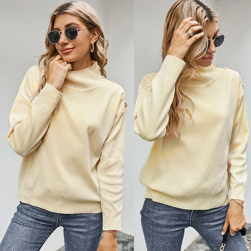 

Women Autumn Long Sleeve Solid Color Sweater Turtleneck Buttons Decor Pullover Tops Casual Loose Ribbed Trim Jumper Shirt Street