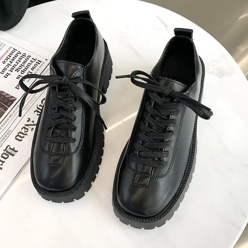 

2021 Spring New Casual Pu Women Leather Shoes Fashion Women Flat Comfortable Lace Up Mid Women Shoes Retro Art Women Shoes