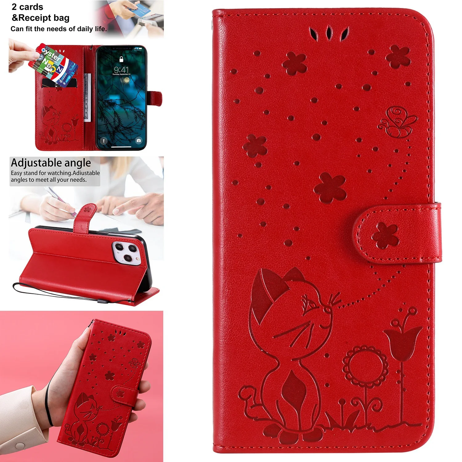 

3D Cat and Bee Embossed Leather Flip Phone Case with Card Slot for Huawei P40 lite 5G/Y5P/Y6P/Psmart/Y7 2019/Y9A/P50/P50 pro