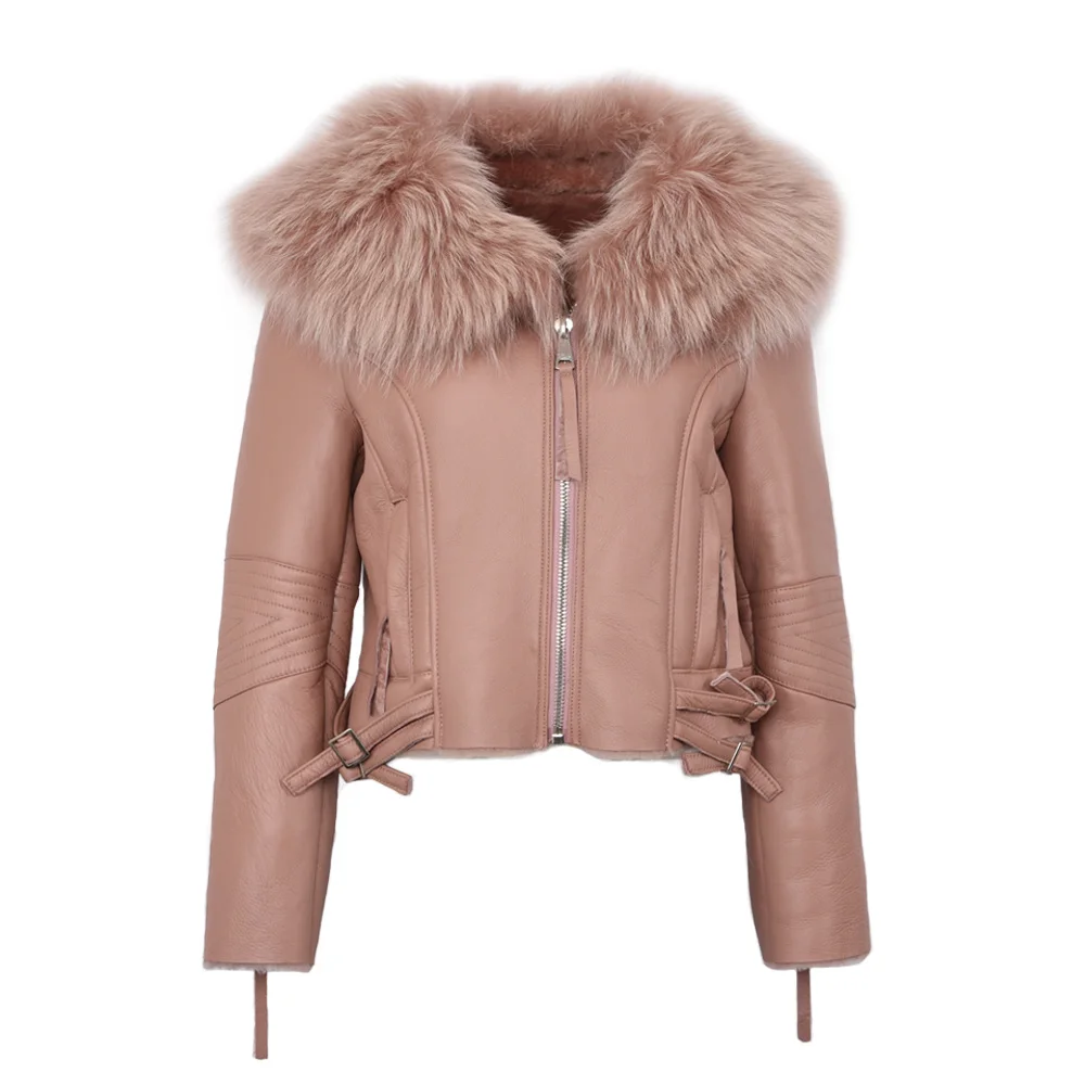 Pink Новинка, Женское пальто из натуральной кожи, пальто с подкладкой из натурального меха, модная Толстая теплая байкерская куртка с воротником из меха енота, S7009 - Цвет: Pink
