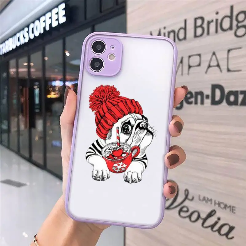 

Cute dog puppy Pug Bulldog blowing Phone Case purple matte transparent For iPhone 7 8 x xs xr 11 12 pro plus max mini Clear