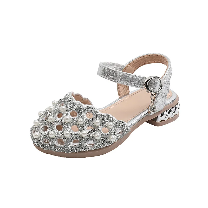 

Little Kids Hollow Sandals for Girls 2022 Fashion Low Heels Round-toe Bling Toddler Girl Sandals Children Pearl Girl Pink Shoes