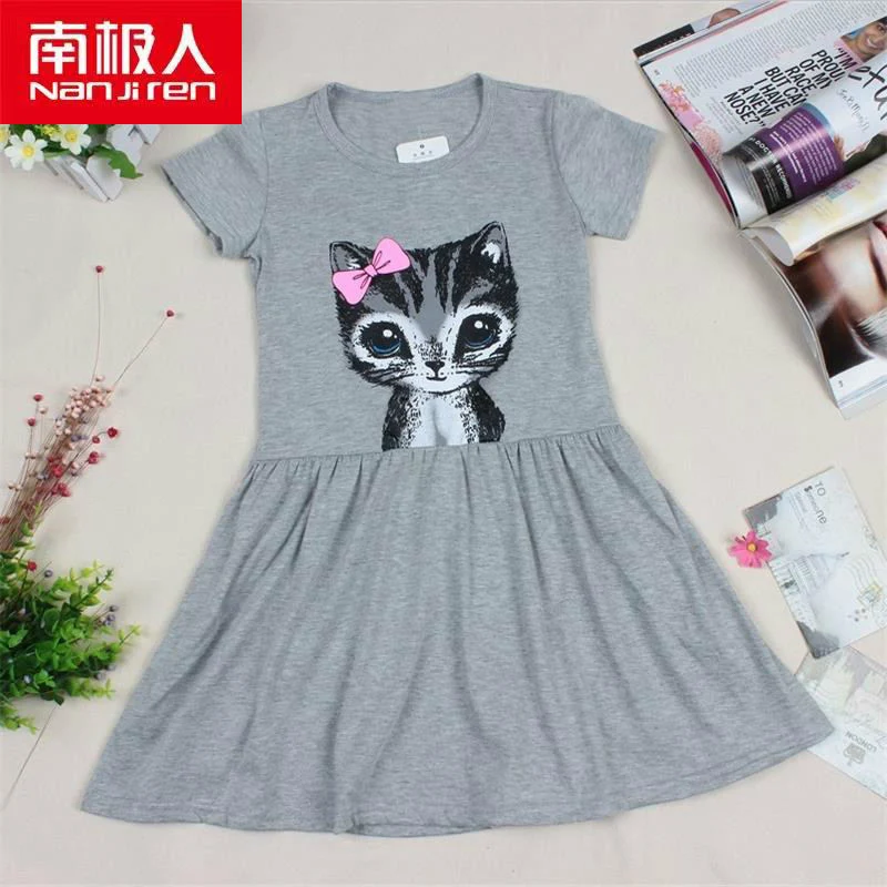

Детская одежда Nanjiren, Повседневное платье для девочек, платья для девочек, хлопковое платье длиной до колен с принтом кошки и коротким рукаво...