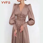 Женское длинное атласное платье, с пышными рукавами и V-образным вырезом, весна нарядное плиссированное платье