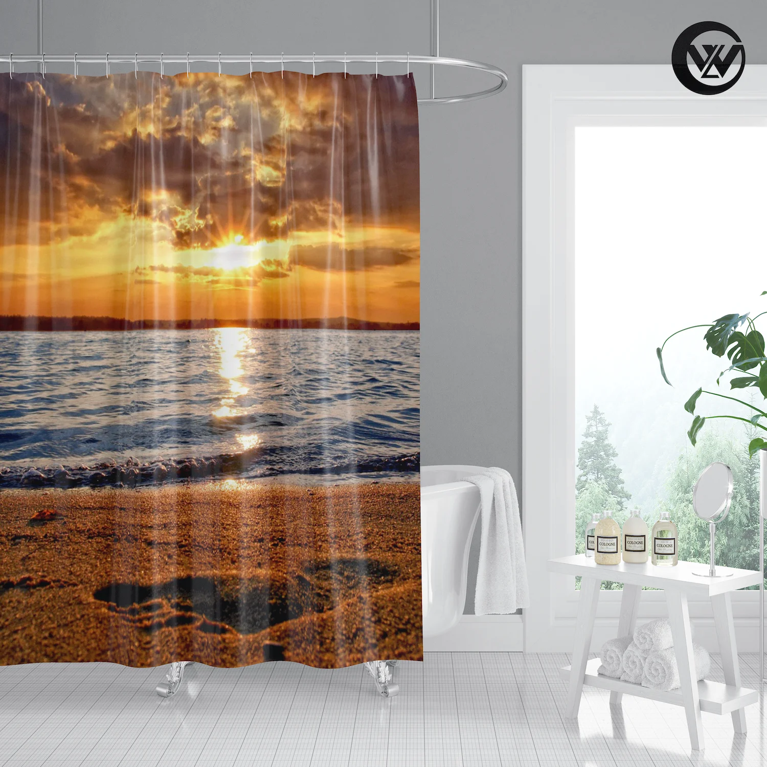 Mildew Resistant Sunset Beach Scenery Shower Curtain Polyester Hot Sales Waterproof Bathroom Curtain Liner