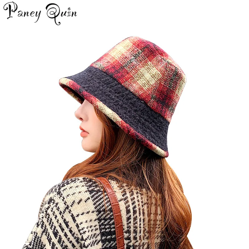 

New Style for Autumn Winter Plaid Fisherman Hat Women's Japanese Ins Small Brim Bucket Hat Woolen British Warm Hat CAPS Fashion