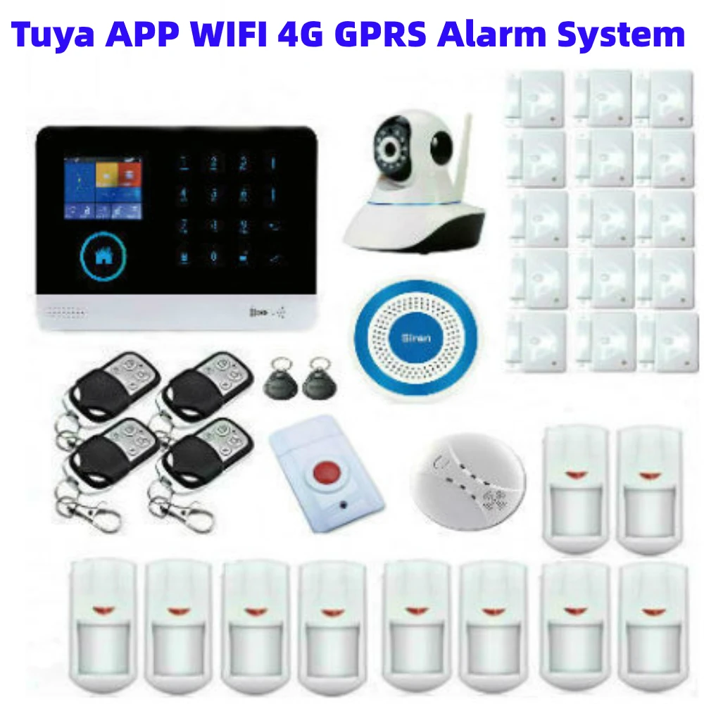 

Tuya APP 4G SIM Network Burglar Alarm System WIFI GPRS SMS 4G Home Security Alarm System Video IP Camera Smoke Fire Sensor
