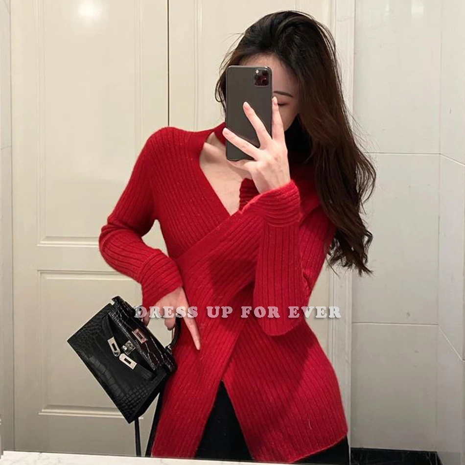 

Autumn Winter Korean Fashion Women Pullover Vintage Striped Sexy V-Neck Sweater Cross Stitching Fall Clothes for Women Tops