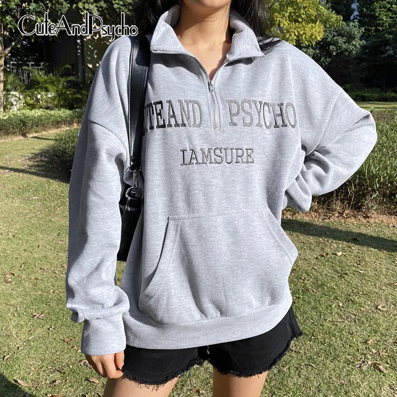 

Sportswear Letter Printed Women's Sweatshirts Streetwear Harajuku Korean Overszied Tops Stand Collar Casual Shirts Cuteandpsycho