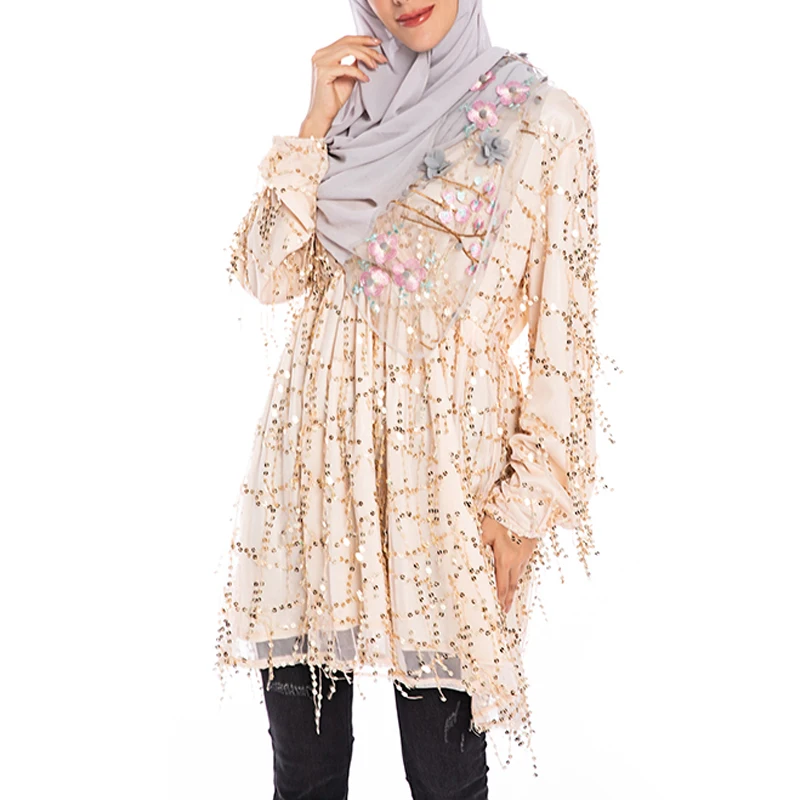 beige tops Abaya Дубай Турецкий Арабский Топ Mujer мусульманские блесток Длинные женские топы Исламская одежда Vetement Femme Musulmane Ropa Musulmana Mujer - Цвет: beige tops