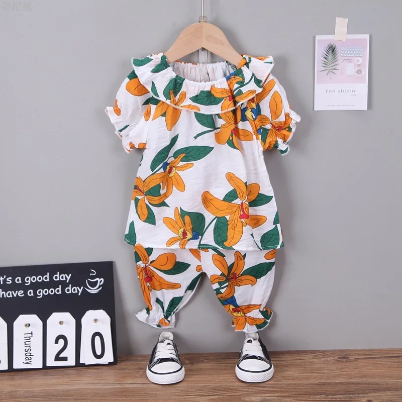 

Children's Summer New Style Little Girl Lapel Floral Short-sleeved Shirt Pants Loose and Comfortable Soft Fabric Kids Suit GT23