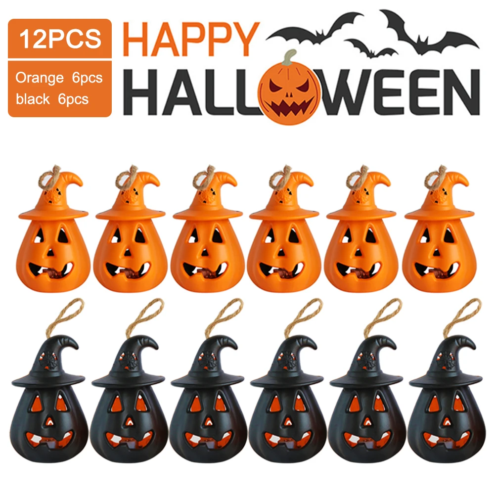 

12pcs Led Halloween Pumpkin Lantern Lights Flameless Colorful Flash Lamps Electronic Hanging Night Lamps Bar Party Decorations