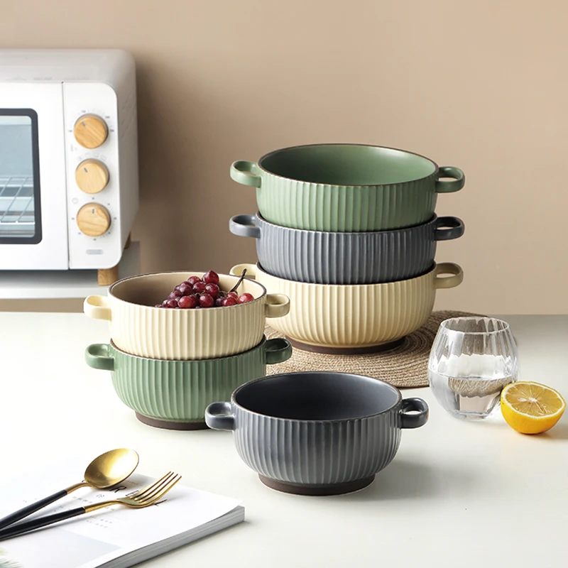 

Nordic Ceramic Binaural Soup Bowl Household Ceramic Dinnerware Creative Fruit Salad Pot Large Noodle Bowl