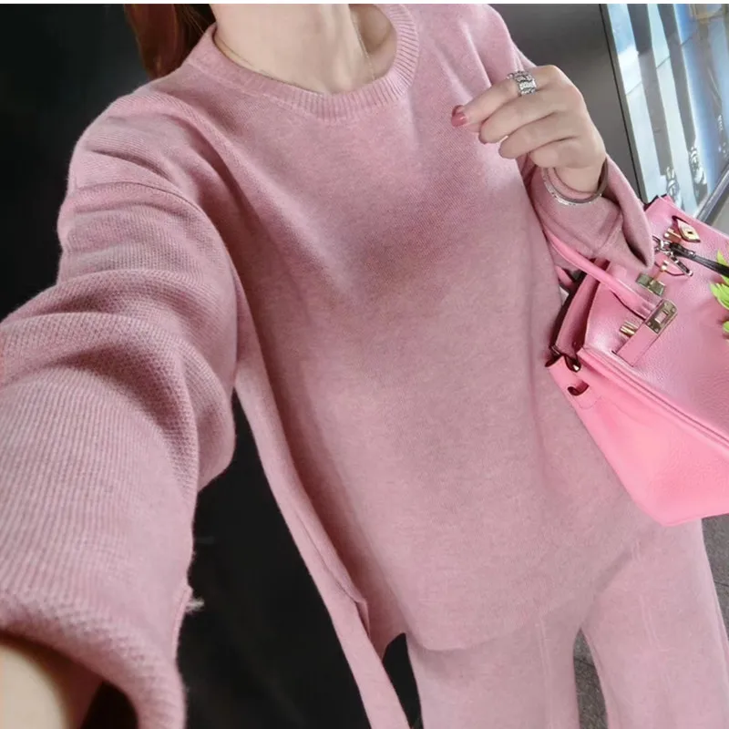 

knitting trouser suit women's set autumn winter loose tracksuit warm pullovers sweater wide legs pants set knitting P405