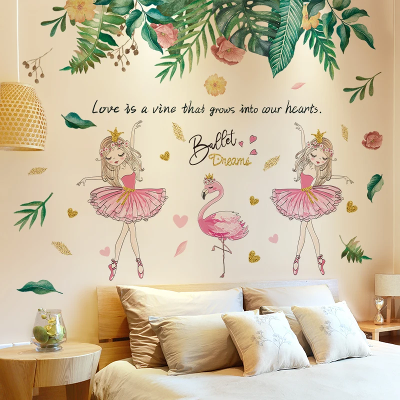 [shijuekongjian] Cartoon Girl Dancer Wall Stickers DIY Green Leaves Decals for Kids Rooms Baby Bedroom Home Decoration | Дом и сад