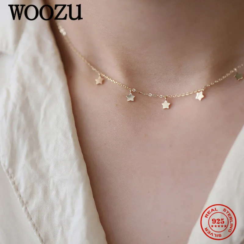 

WOOZU 925 Sterling Silver Korean Glossy Cute Small Star Clavicle Necklaces For Women French Wedding Plated 14k Gold Jewelry Gift