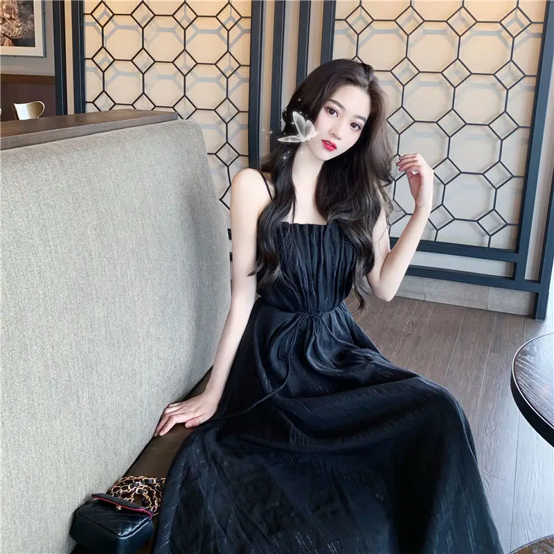 

2021 Summer Sleeveless Elegant Strap Dress Women Bandage Design Solid Thin Dress One Piece Dress Korean Evening Party for Female