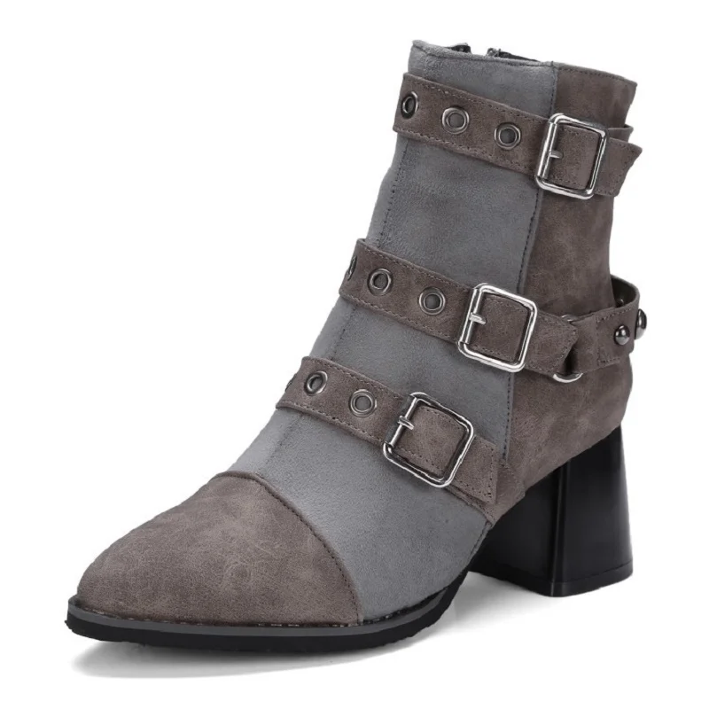 

2019 autumn and winter new women's belt buckle single boots pointed zipper color rubber bottom thick boots large size