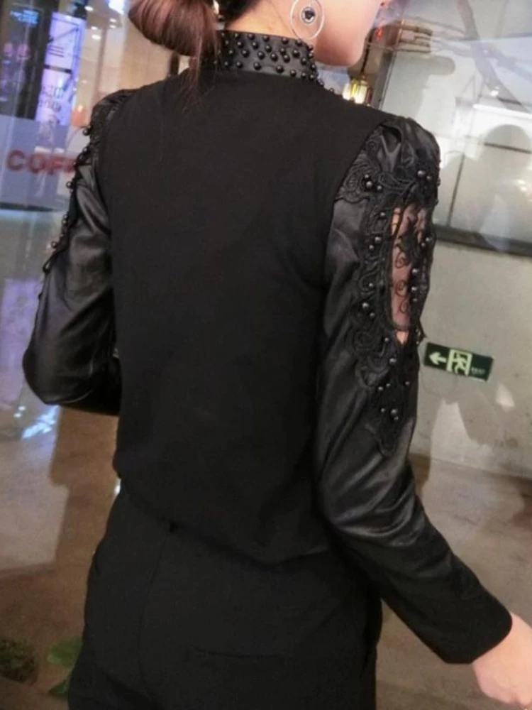 

New Summer Autumn Women PU Leather Shirt Fashion V-neck Beaded Hollow Out Black Slim Pu Blouse Tops Womans Long Sleeve Blouses