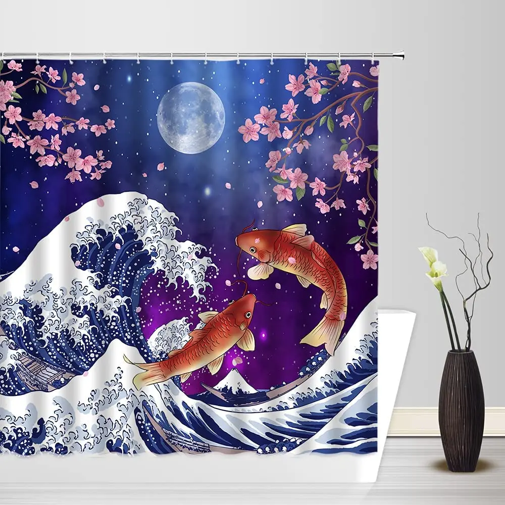 

Японская занавеска для душа Koi с цветами вишни, креативная занавеска из ткани в виде Луны, морской волны, звездного неба, декор для ванной ком...