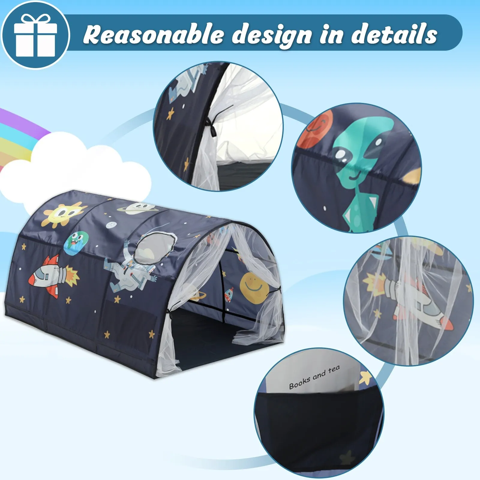 

Space World Play Tents, Starry Sky Dream Bed Tents, With Inner Pocket for Both Boys and Girls Kids Fun Game with Friends