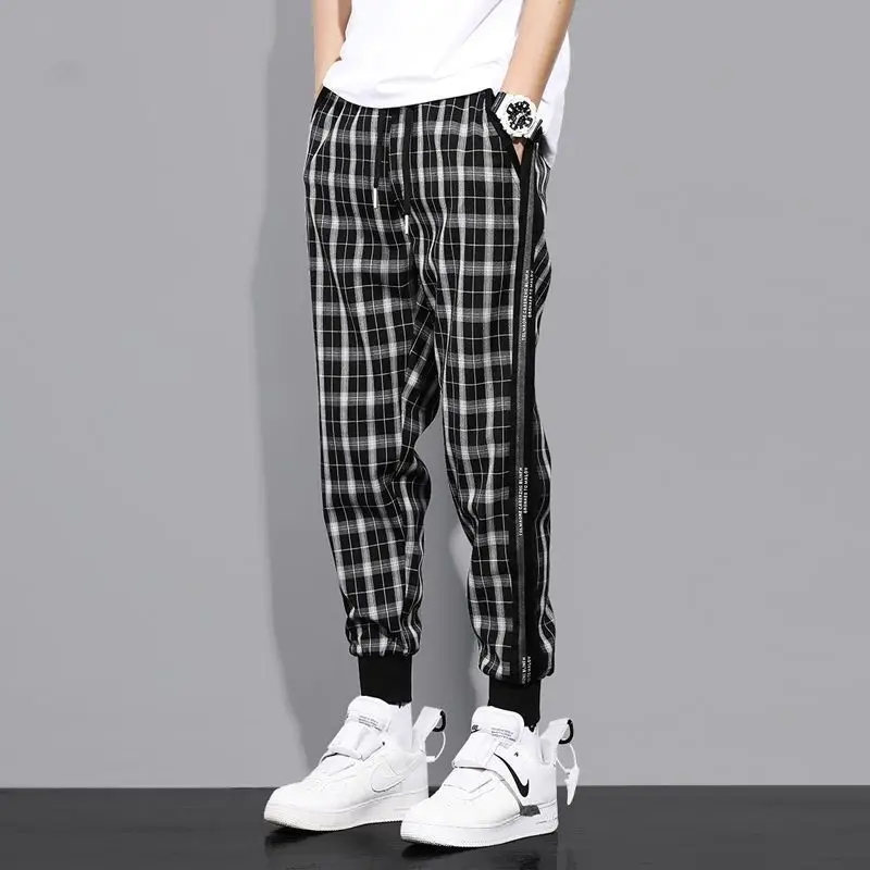 

Summer popular logo plaid tie foot casual pants men loose harem pants Instagram street joker hip hop 9 points trend pants