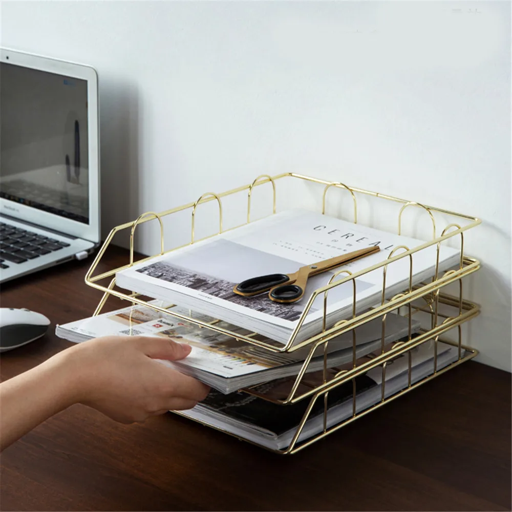 

Rose Gold Metal Storage Basket Gold Stackable Iron Baskets Office Organizer Basket for A4 Paper Magazine Newspaper Book