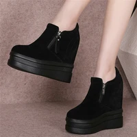 trainers women genuine leather wedges high heel pumps shoes female slip on round toe fashion sneakers punk creepers casual shoes