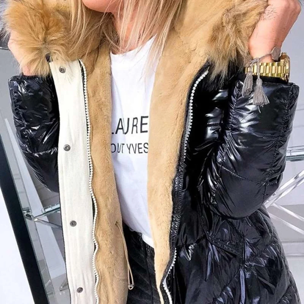 Zoulv Winter Black Smooth Lining Plus Velvet Super Warm Extended Hooded Rabbit Fur Down Coat Women's Waist Coat Warm Cotton Coat
