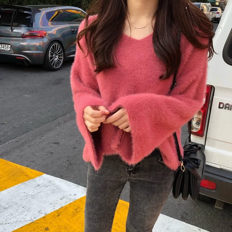 Осень корейский ins Harajuku сладкий винтажный сплошной цвет вязаный свитер женский модный Свободный v-образный вырез с длинными рукавами женский свитер