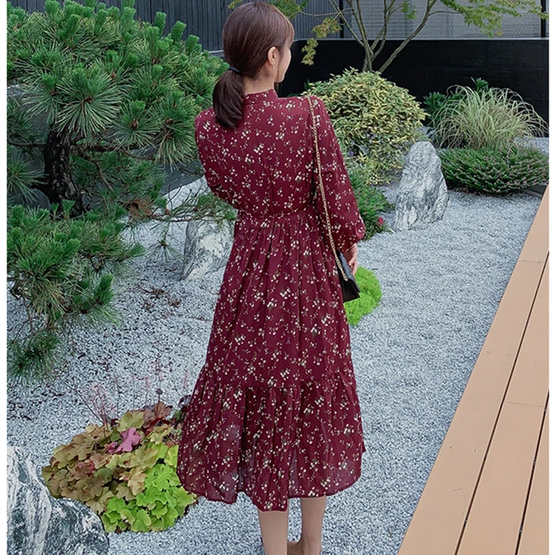 

3 Colors Women Long Chiffon Floral Dress Autumn Spring 2020 Elegant Long Sleeve Dress Korean Boho Party Dress Black Burgundy New