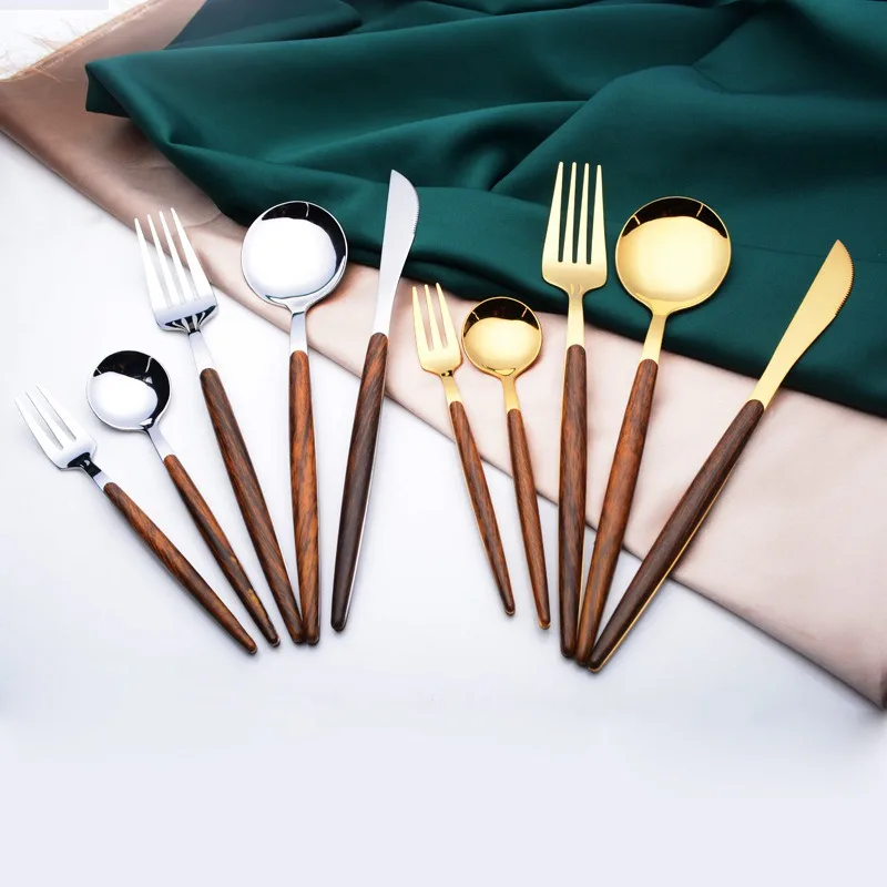 

Top Kitchen Tableware Accessories Stainless Steel Steak Table Fork Spoon Dessert Fork Cutlery Wood Handle Teaspoon Dropship 2021