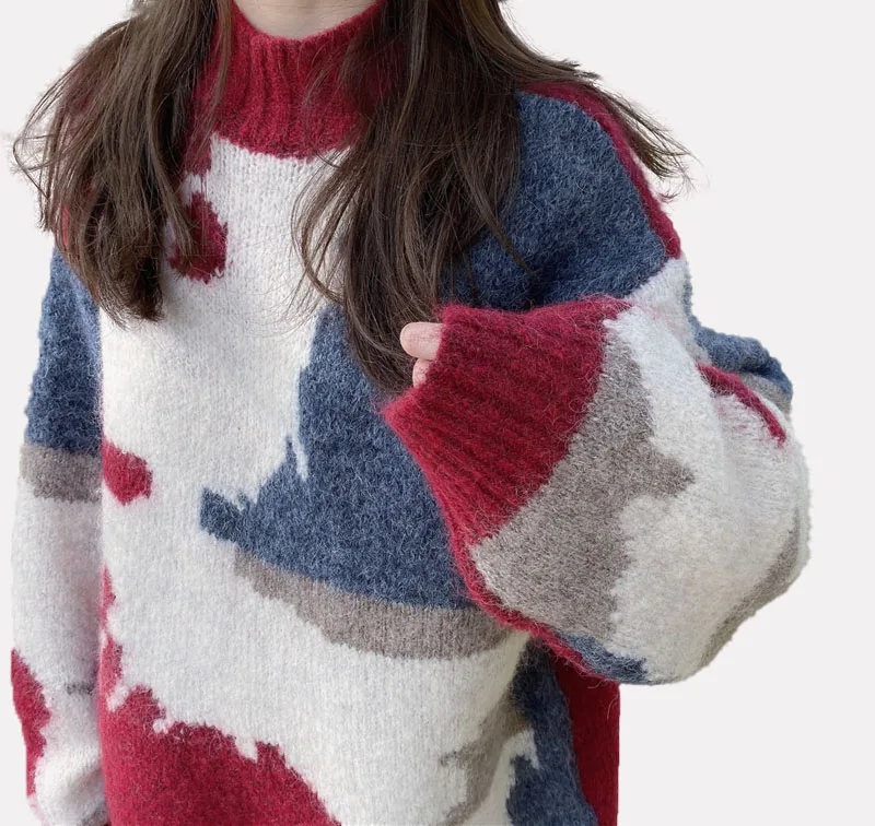 

Color Block High Neck Sweaters Loose Casual Warm Womens Knitted Sweater Thick Winter Long Sleeve Warm Jumper Tops