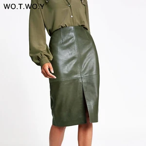 Юбка WOTWOY Женская Офисная средней длины из искусственной кожи, формальная юбка-карандаш средней длины с высокой талией и разрезом сзади, осень 2020