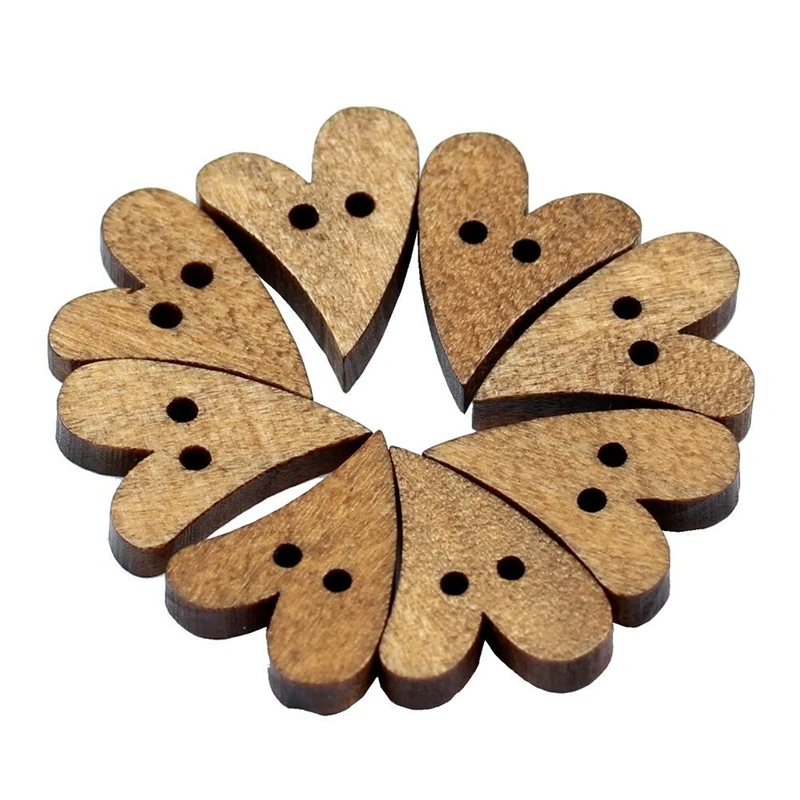 100 шт. 2 отверстия прекрасный коричневый деревянный швейная кнопка в форме сердца