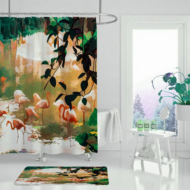 Фламинго завод занавеска для душа бамбук водонепроницаемый зеленый душ пейзаж