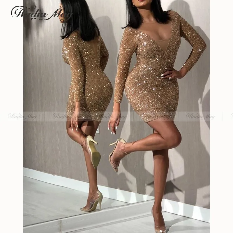 Блестящее розовое золото короткое вечернее платье Саудовской Аравии с длинным