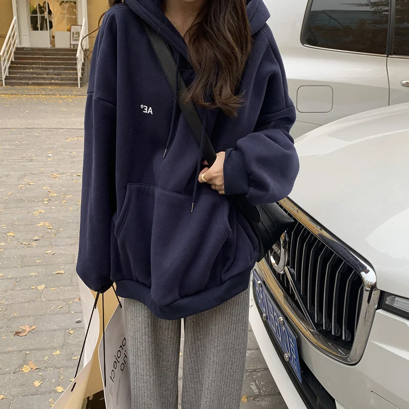 

Super Popular Navy Blue Sweater Women's Autumn and Winter Korean Style Letter Print Bf Lazy Hooded Coat Loose Top Wear.Kio