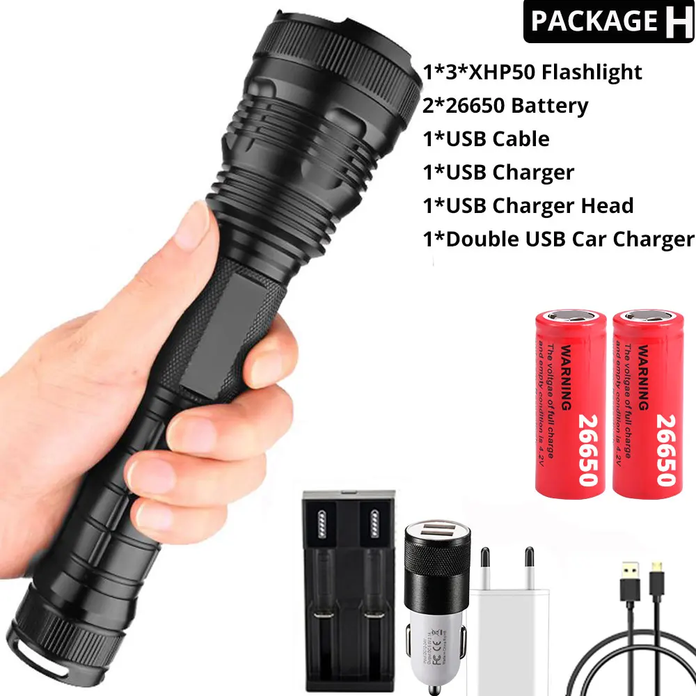 Package H-26650 Мощный светодиодный фонарик 3* XHP50 Водонепроницаемый зум Linterna светодиодный тактический фонарь питание от 18650 или 26650 батареи для наружного, кемпинга - Испускаемый цвет: Package H-26650