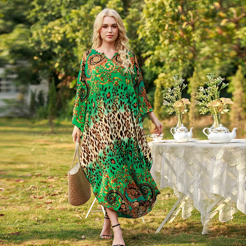 

Vintage Bikini Cover-ups Plus Size Kaftan Boho Printed Summer Dress Green Cotton Tunic Women Beach Wear Swim Suit Cover Up